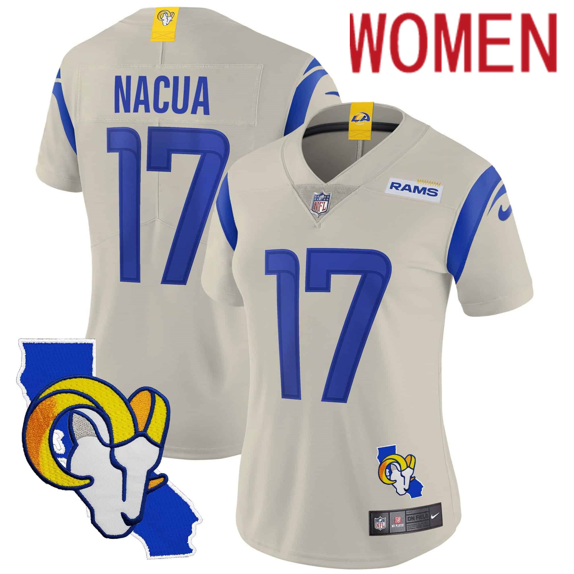 Women Los Angeles Rams #17 Nacua Cream 2024 Nike California Patch Vapor Limited NFL Jersey->women nfl jersey->Women Jersey